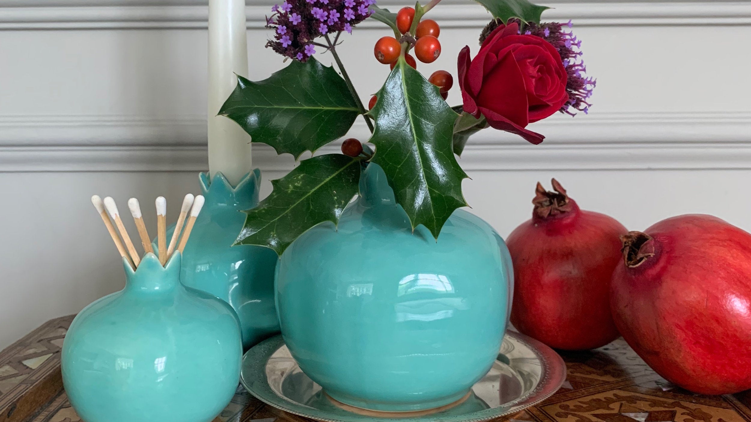 Turkish ceramics handmade hand-painted pomegranate vase bud vase candle holder matchstick holder ornament decoration interior design inspiration 